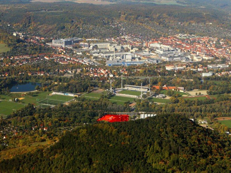 Ernst-Abbe-Stadion, Ernst-Abbe-Sportfeld, Stadion, Jena, FCC, FC Carl Zeiss Jena, Oberaue, Luftaufnahme, Luftbild, Fußball, Symbol, Symbolfoto, Symbolbild