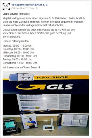 Auf Facebook freut sich die Neonazi-Gruppe über den neuen GLS-Shop in ihren Räumlichkeiten.