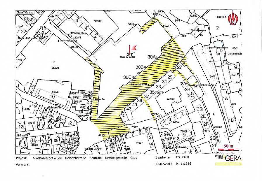 Diese Karte der Stadtverwaltung Gera zeigt das Gebiet, in dem ab 15. Juli 2017 öffentlich kein Alkohol mehr konsumiert werden darf.