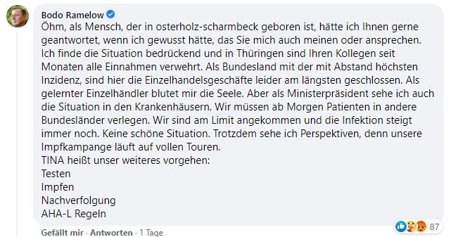 Bodo Ramelow reagierte nach seiner Markierung in den Beitrag umgehend.