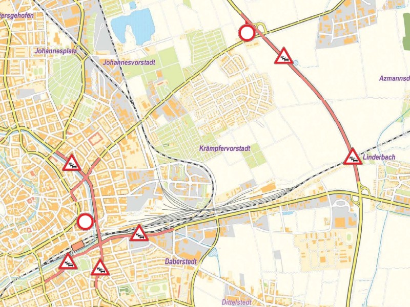 6. August bis 12. August:
Sperrung der westlichen Fahrbahn der Stauffenbergallee vom Leipziger Platz bis zur Weimarischen Straße.