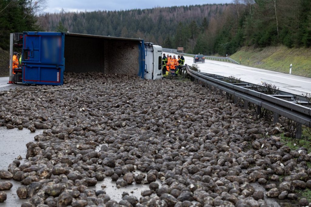 Zahlreiche Rüben liegen am Samstagmorgen auf der A71 zwischen Suhl und Meiningen.