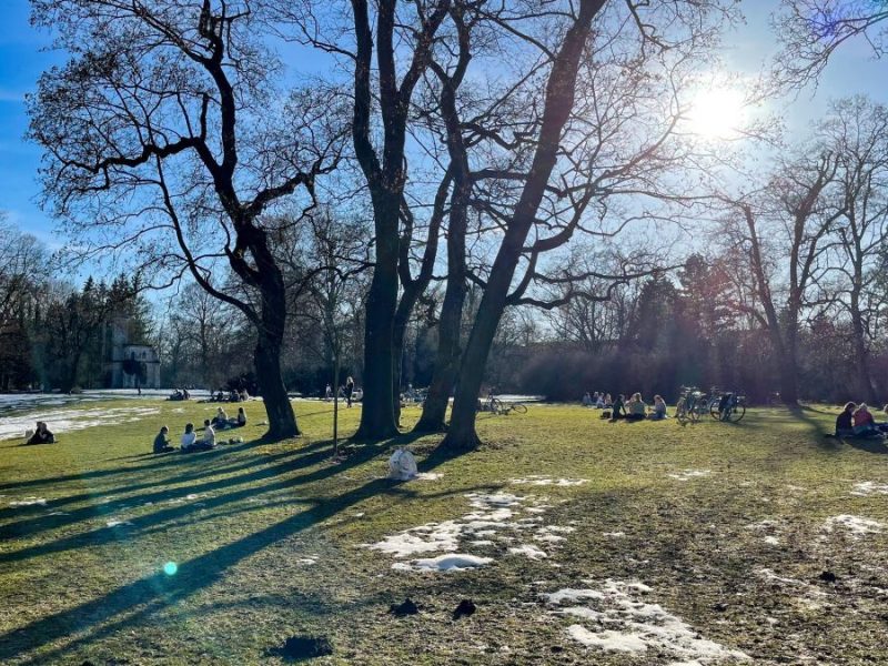 Ein Park in Weimar. Es scheint die Sonne. Sie bringt bei mildem Wetter den Schnee zum Schmelzen.